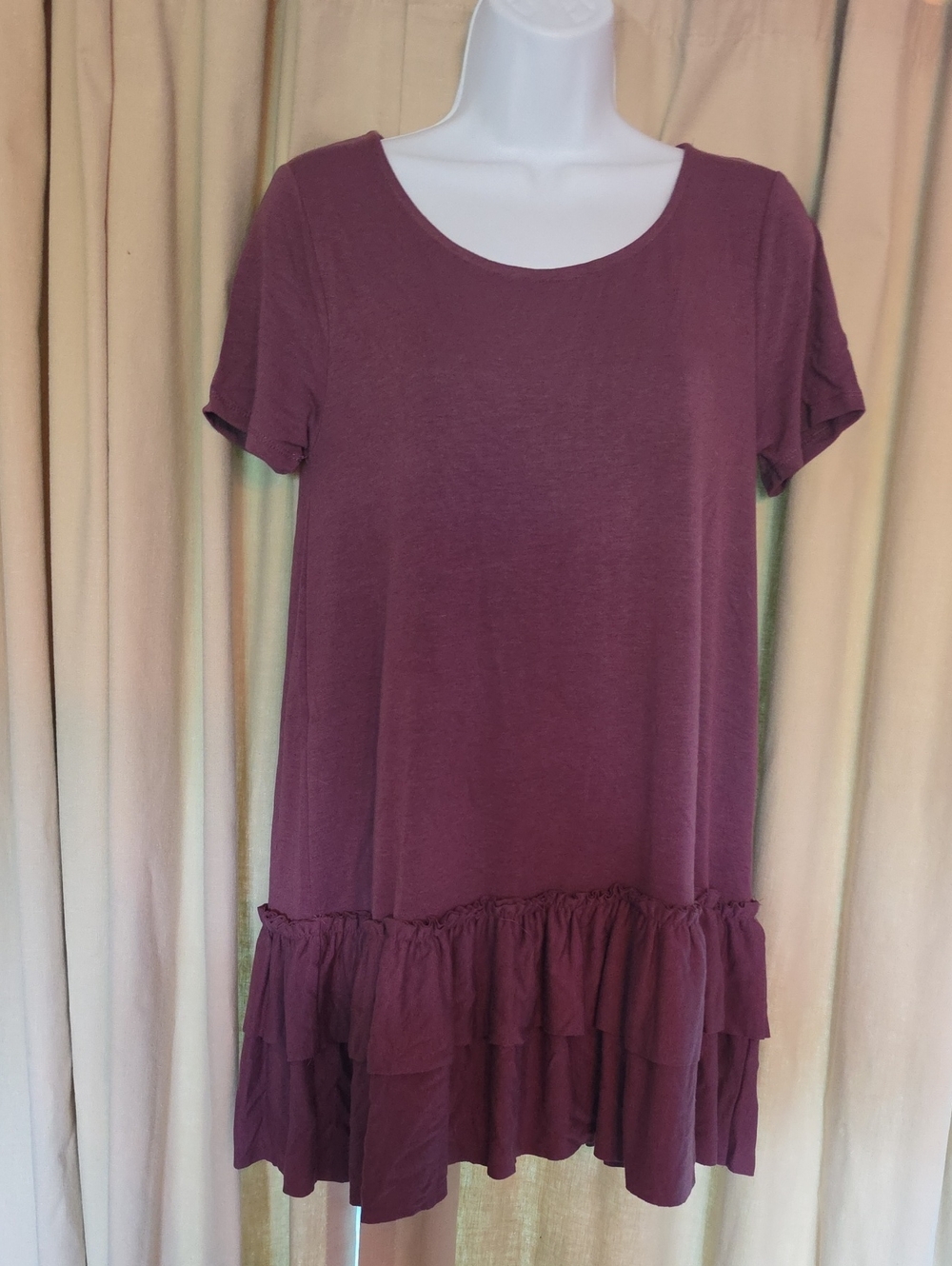 Zenana Outfitters Short Sleeve Ruffle-Hem Dress — Plum, Sz Medium